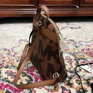 Michael Kors, backpack brown background with large black logo design pattern Michael Kors Jaycee Large Logo Backpack, Brown, MK Signature  main image 3